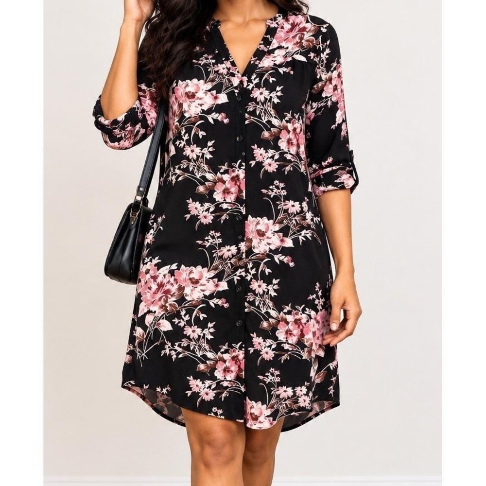 41 Hawthorn Womens Christen Floral Button Up Roll Sleeve Shirt Dress Sz S Black